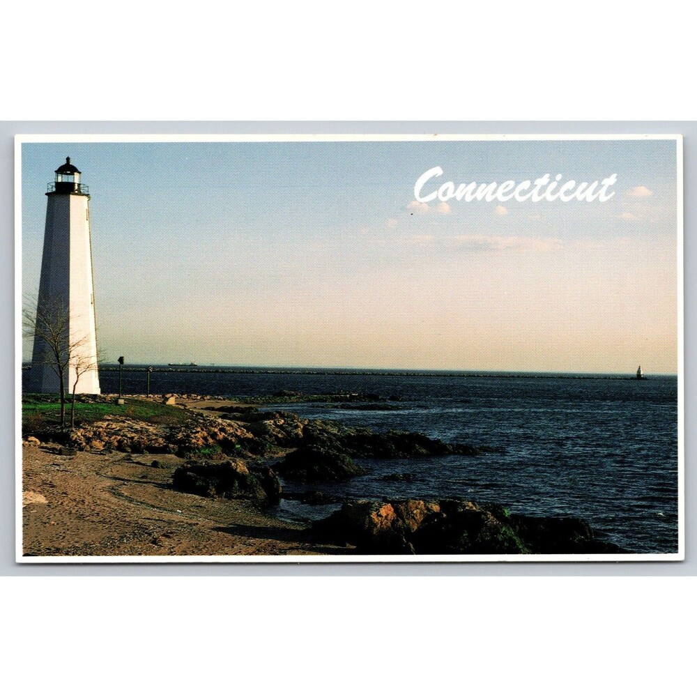 Postcard Connecticut New Haven Lighthouse Shoreline Long Island Sound CT Ocean